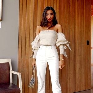 Women's Linen Balloon Sleeve Shirred Bow Off Shoulder